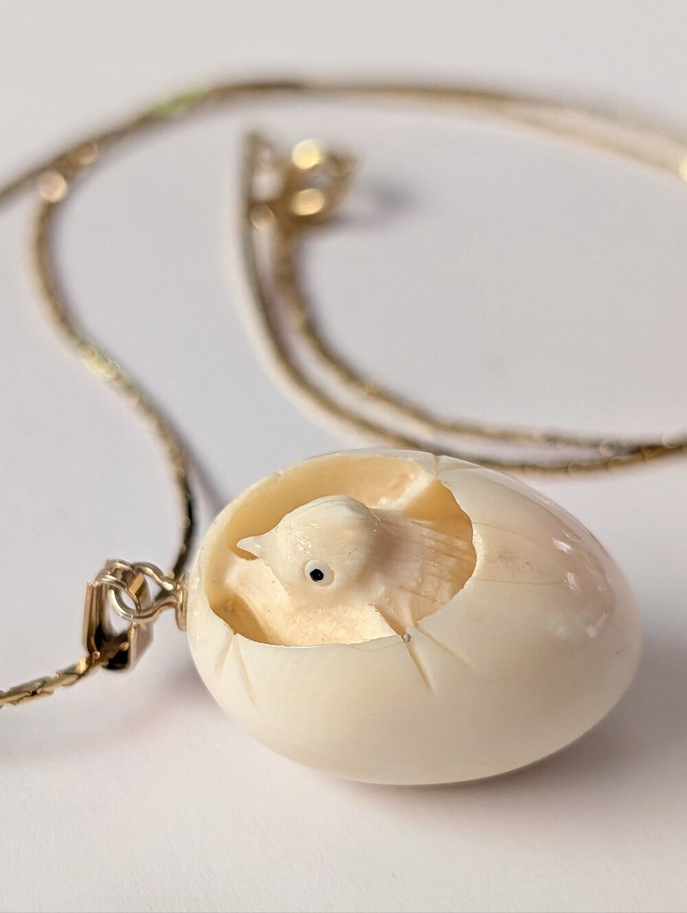 Vintage Carved Bone Chick in Egg Pendant Necklace- Gold Tone Chain